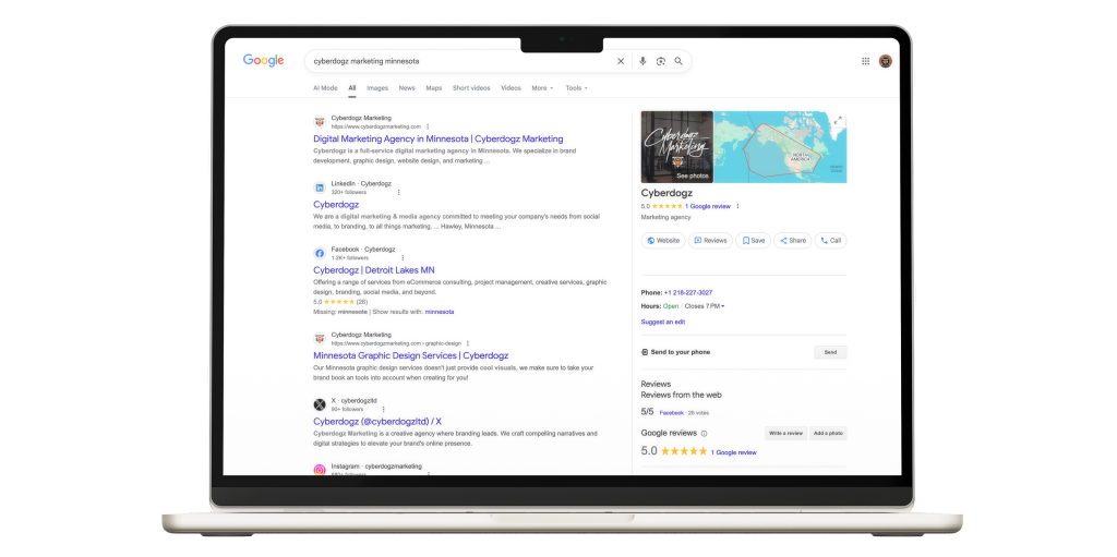 Laptop screen showing Google search results for "cyberdogz marketing minnesota" with website listings and a business profile panel showing 5.0 star rating, contact info, and location map