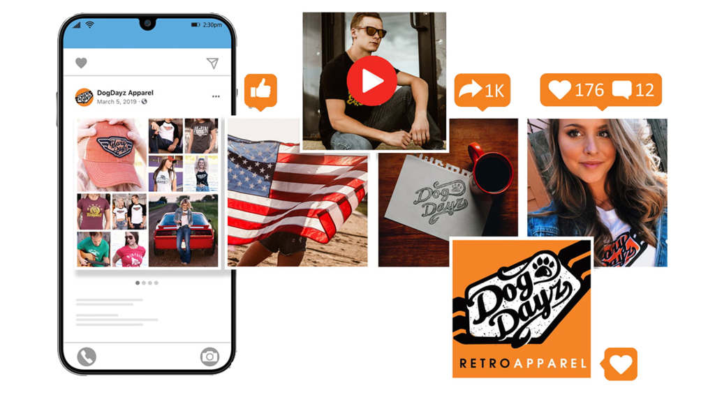 DogDayz Retro Apparel social media post shown on a phone, surrounded by product photos, a logo sketch, and engagement icons showing likes, shares, and comments